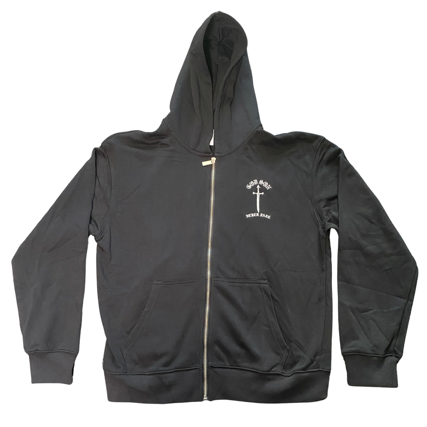 GOD SON NEVER FALL black zip-up hoodie