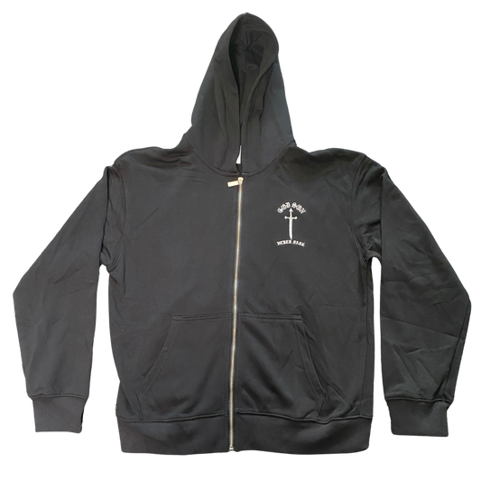 GOD SON NEVER FALL black zip-up hoodie