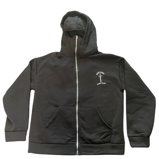 GOD SON NEVER FALL black full zip mask hoodie
