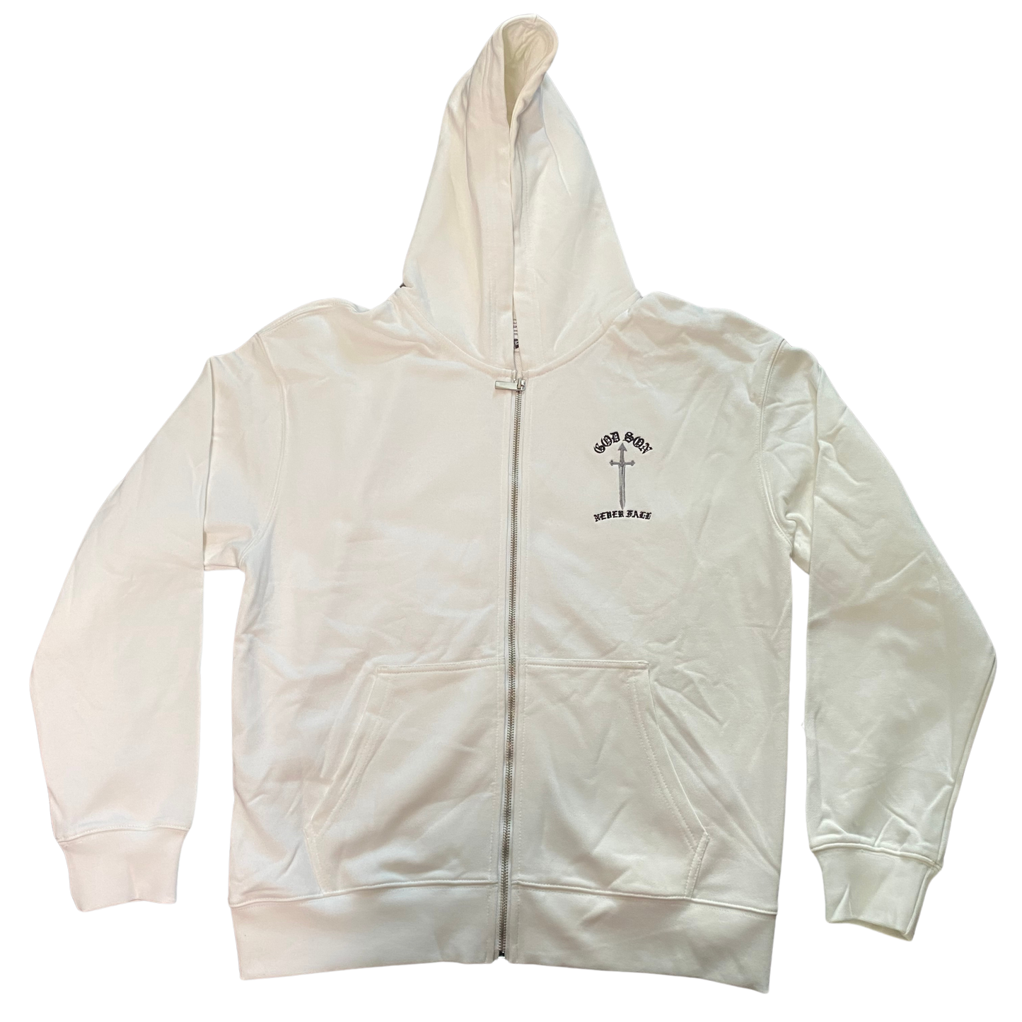 GOD SON NEVER FALL white zip-up hoodie