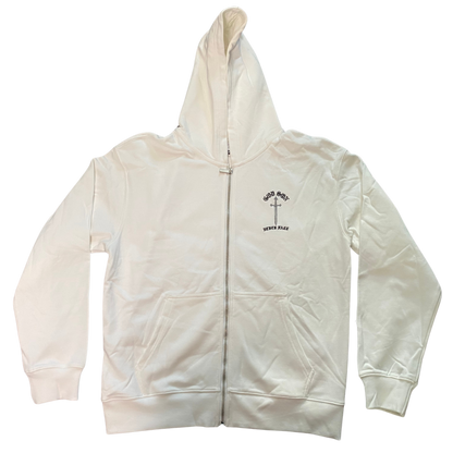 GOD SON NEVER FALL white zip-up hoodie