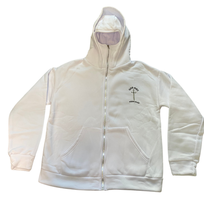 GOD SON NEVER FALL white full zip mask hoodie