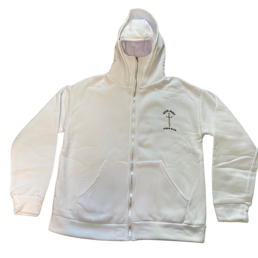 GOD SON NEVER FALL white full zip mask hoodie